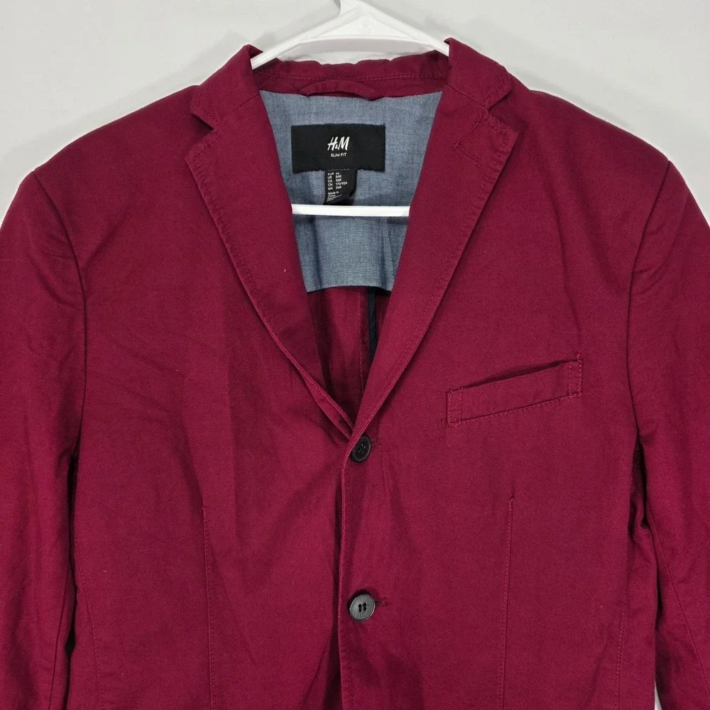 H&M Men's‎ Sport Coat Blazer Two Button Maroon Cotton Linen Blend Size 36R Slim